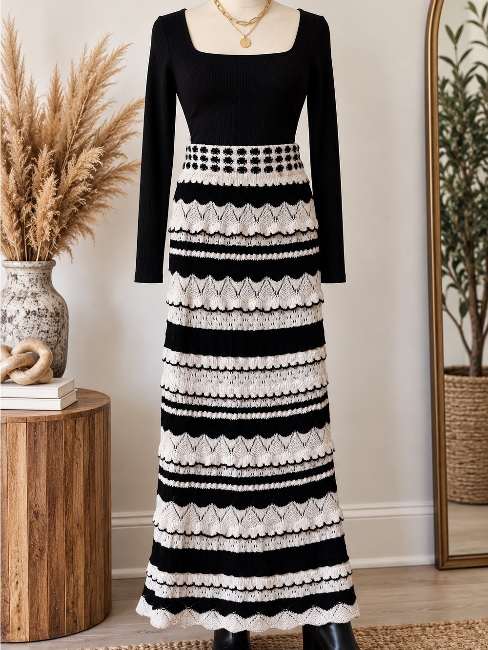 Anthropologie Black White Pointelle Knit Ruffle Maxi Skirt Size M